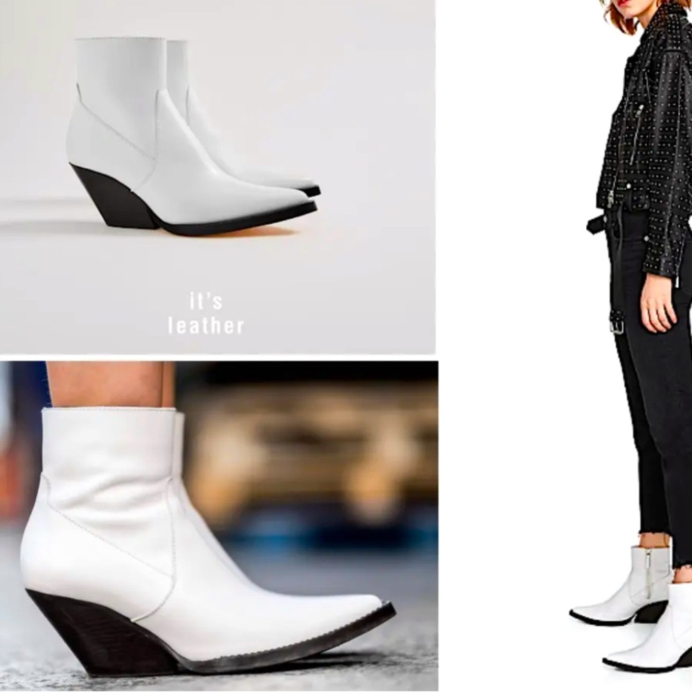 Size 37 ZARA Spain White Leather Viral Blogger Western Booties